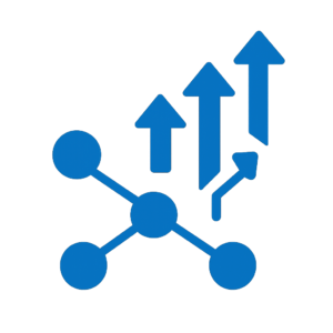 A blue icon with interconnected nodes and upward arrows, symbolizing scalable solutions and growth.