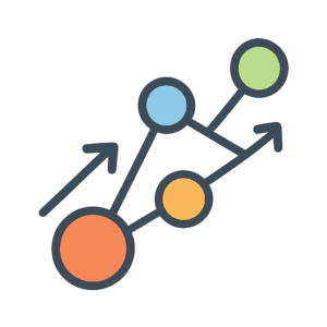 A colourful icon with interconnected nodes and upward arrows, symbolizing scalability and flexible growth.