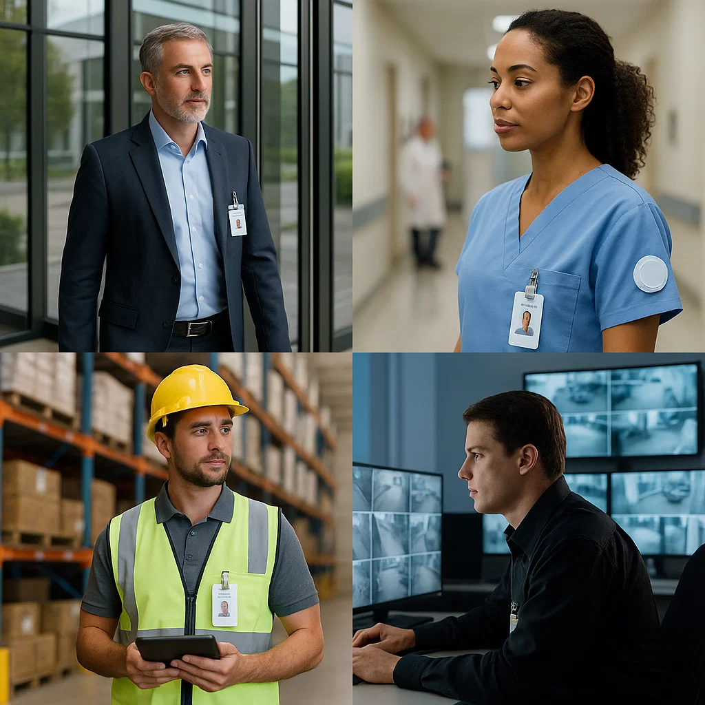Four professionals with IDs: corporate, medical, security, industry.